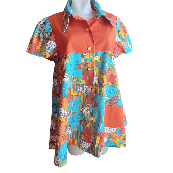 M/L 1OF1 Vintage 1960's Max Abstract Print Frock Top Dress Dayglo Orange Mod - Picture 2 of 9